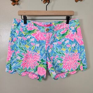 Lilly Pulitzer Buttercup Stretch Shorts sz 10 Zanzibar Blue Pink Scallop‎